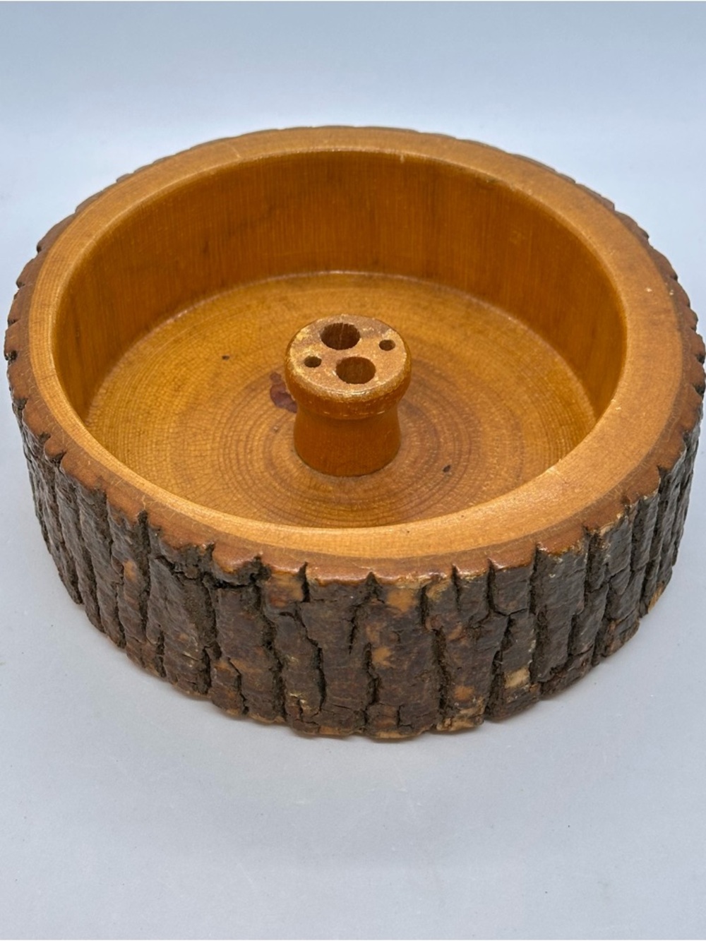 VTG Rustic Wooden Nut Bowl Nutcracker Holder Live Edge Exterior 6.25"NO UTENSILS